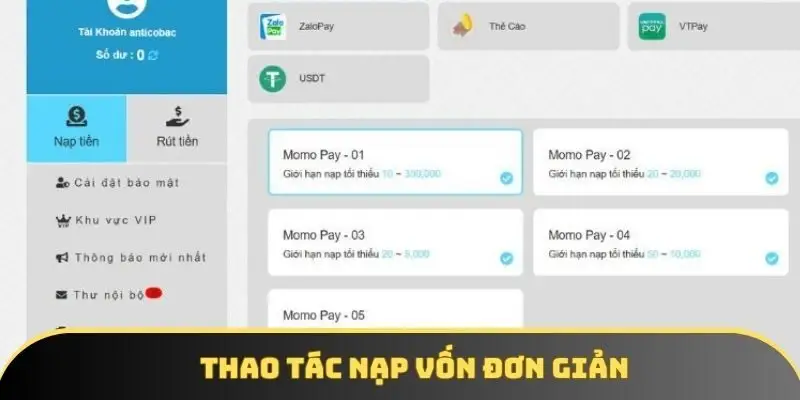 Thao tác nạp vốn đơn giản